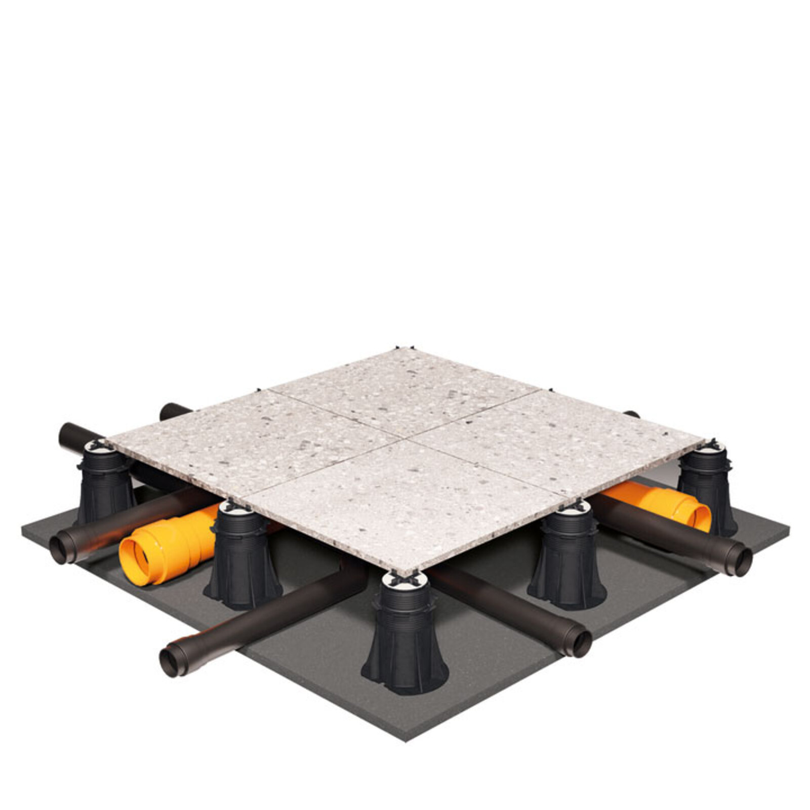 Pavimentazione sopraelevata con dei tubi che passano sotto